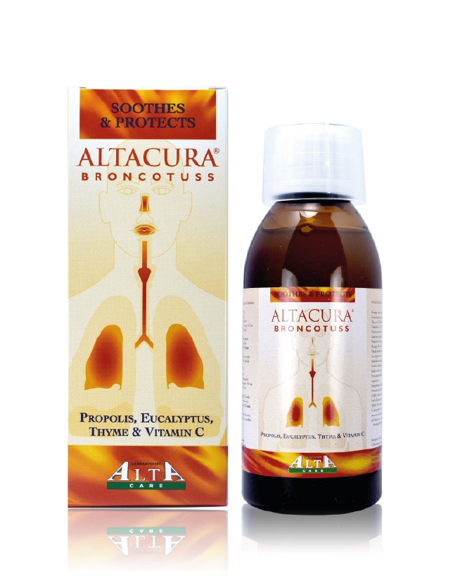 Altacura Broncotuss Syrup, with propolis and orange concentrate, has an emollient and liquefying action and contains ingredients that help to strengthen the immune system, thus alleviating both cough and cold symptoms.
